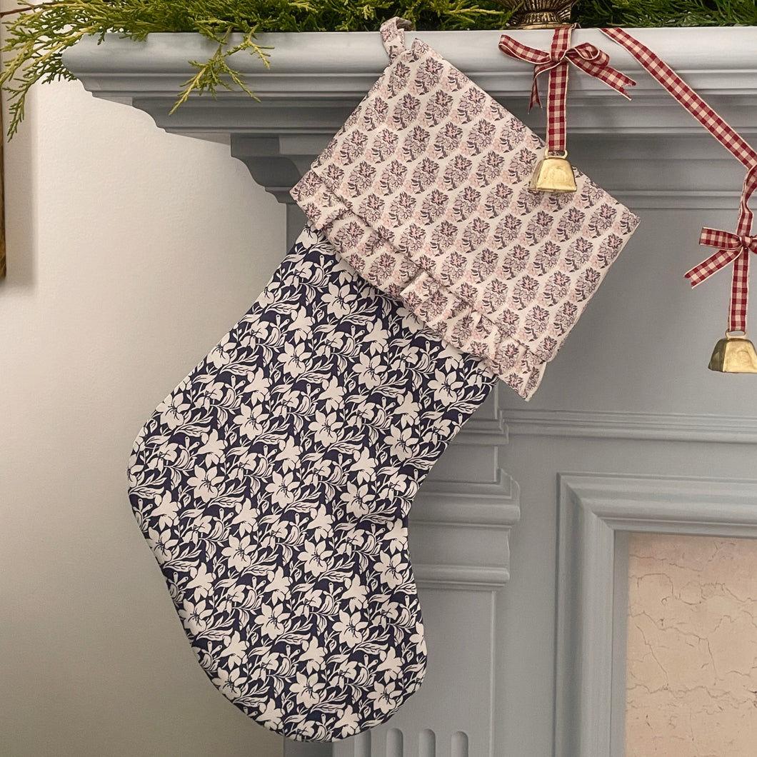 Handmade Heirloom Christmas Stocking - Blue with Pink Lining